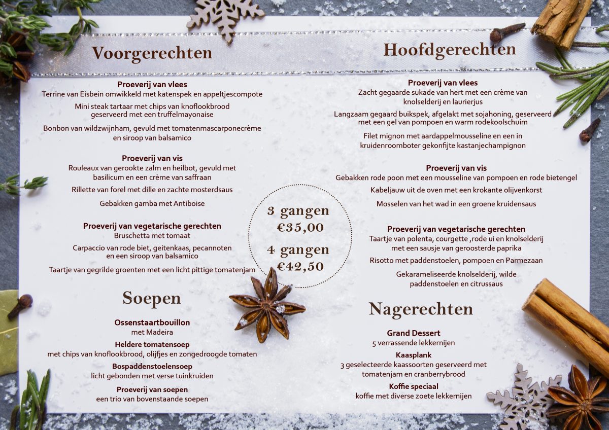 Kerstmenukaart Hotel de Jonge binnenkant